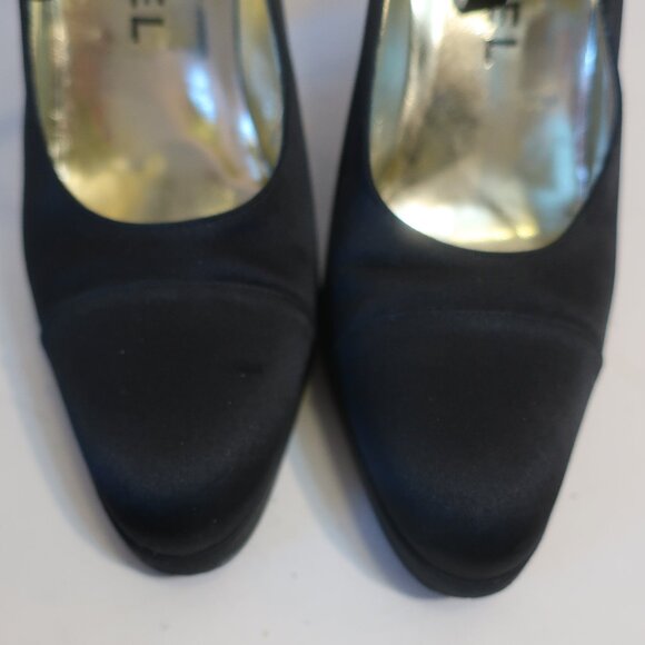 Womens Chanel Black Satin Mini Platform Mary Jane Heels 37.5 US/7 - Picture 3 of 15